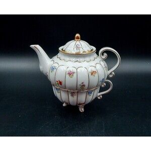 Ganz Porcelain Floral Teapot With Teacup 3 PC Stacking Tea For One Gold Trim